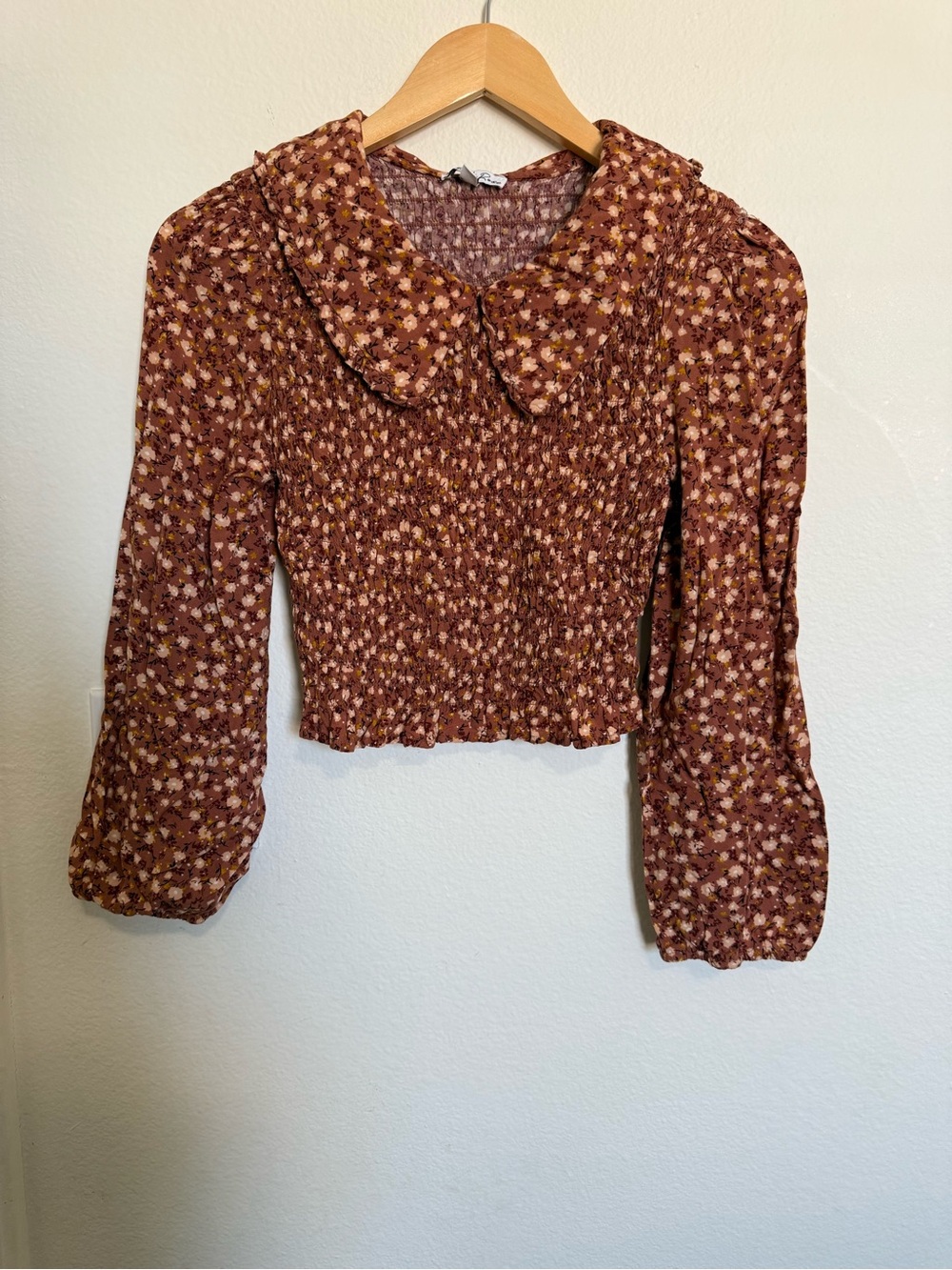 Smocked Brown Floral Blouse with Peter Pan Collar